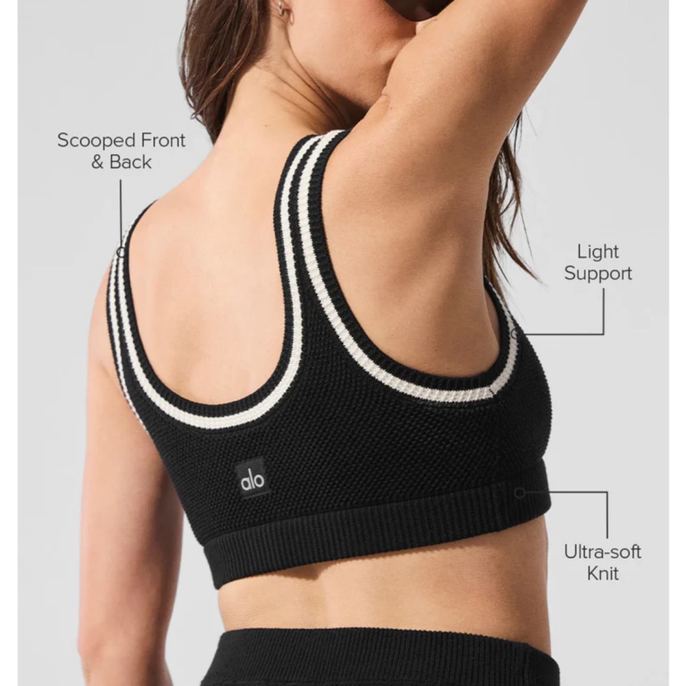 Alo Club Tennis Sweater Knit Bra Black with White Trim Med